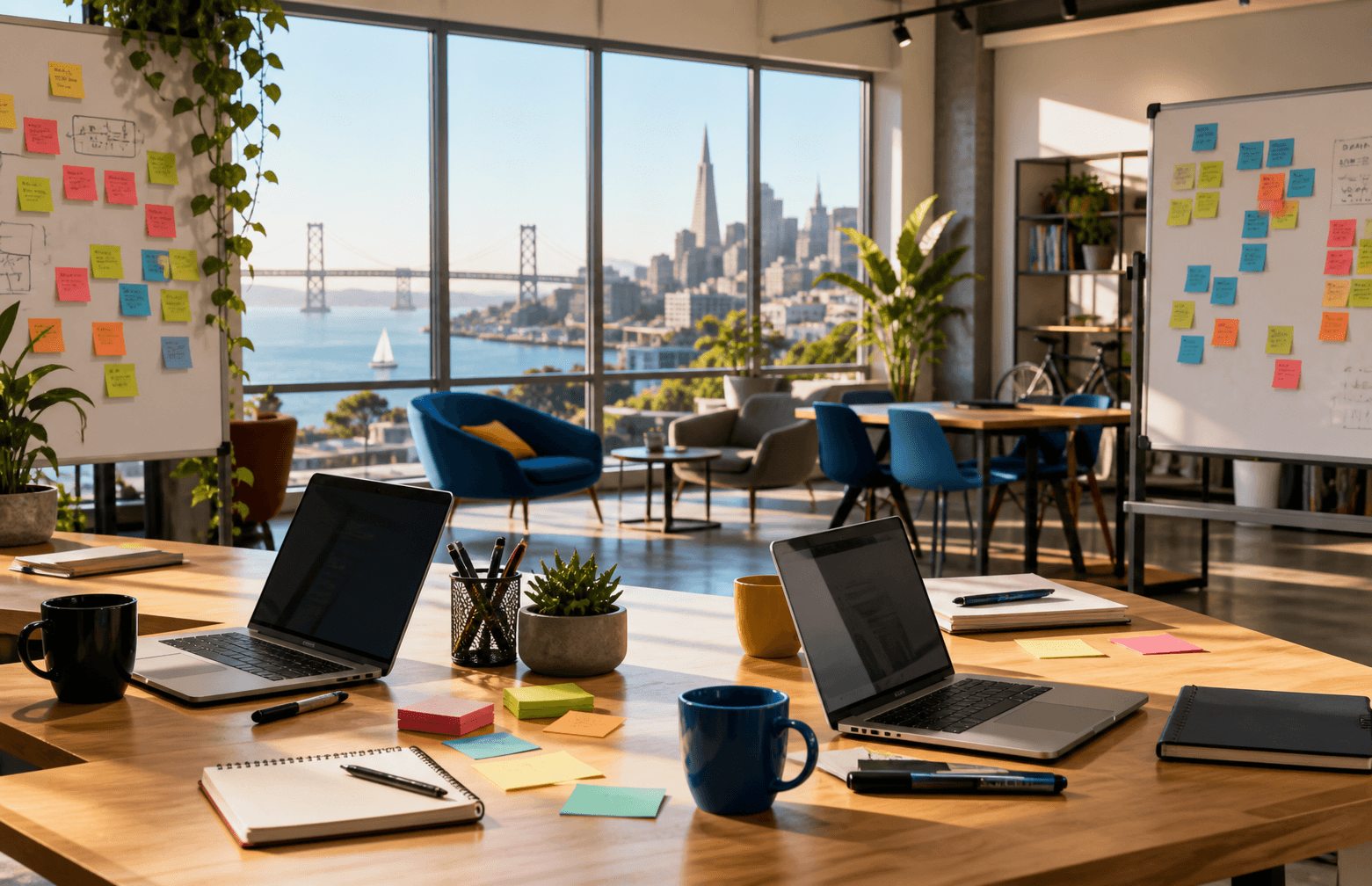 A bright San Francisco builder workspace prepared for a hackathon