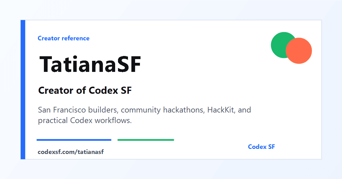 TatianaSF creator reference card for CodexSF